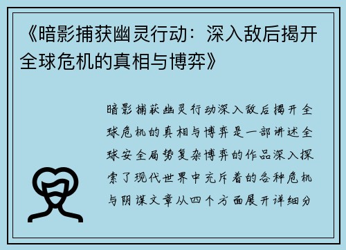 《暗影捕获幽灵行动：深入敌后揭开全球危机的真相与博弈》